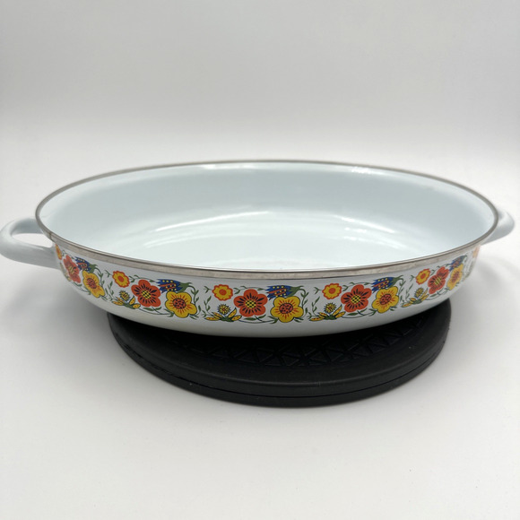 Retro MCM Enamel Ware Oval Open Roasting Pan With Flowers Design - Picture 1 of 11